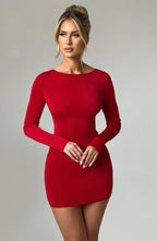 Long sleeve bodycon mini dress with boat neckline and lace-up open back - view 17