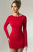 Long sleeve bodycon mini dress with boat neckline and lace-up open back - view 18