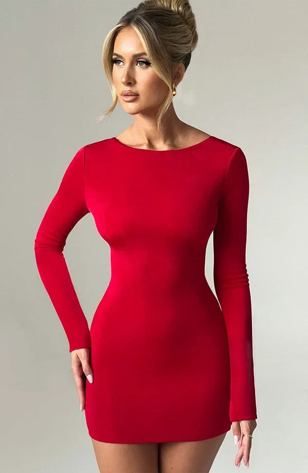 Long sleeve bodycon mini dress with boat neckline and lace-up open back - view 18