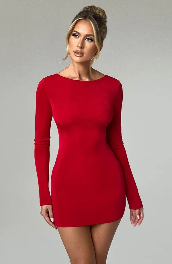 Long sleeve bodycon mini dress with boat neckline and lace-up open back - view 22