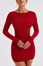Long sleeve bodycon mini dress with boat neckline and lace-up open back - view 23