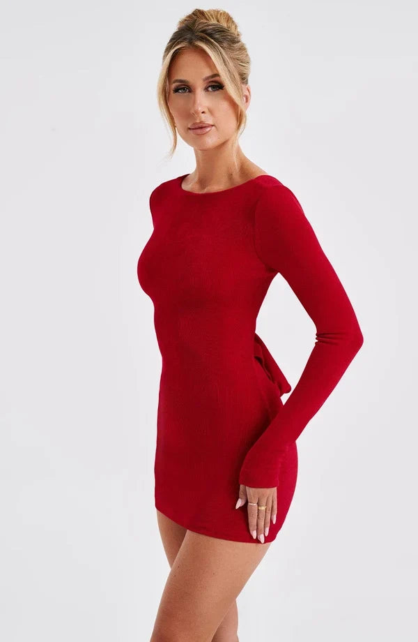 Long sleeve bodycon mini dress with boat neckline and lace-up open back - view 24