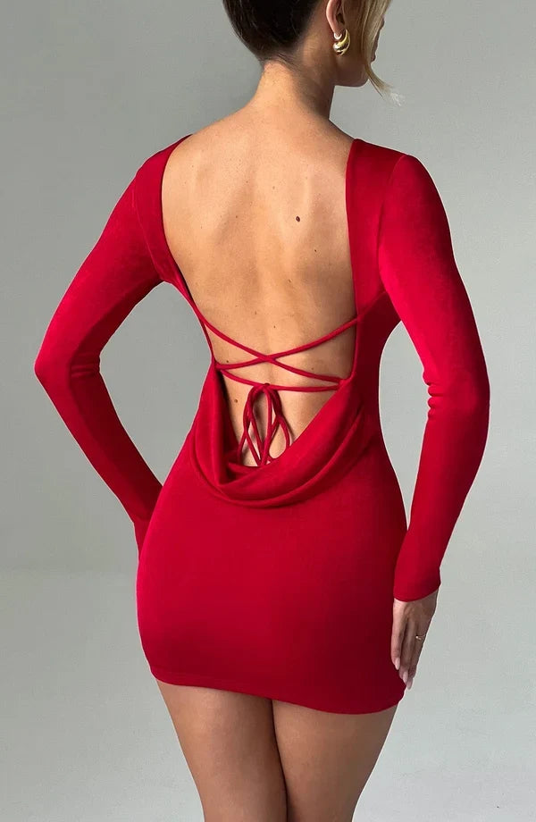 Long sleeve bodycon mini dress with boat neckline and lace-up open back - view 27