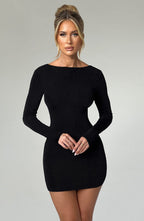 Long sleeve bodycon mini dress with boat neckline and lace-up open back - view 5