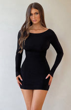 Long sleeve bodycon mini dress with boat neckline and lace-up open back - view 6