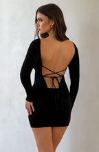 Long sleeve bodycon mini dress with boat neckline and lace-up open back - view 7