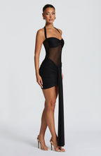 Black halter mesh homecoming mini dress with ruched skirt and long front drape - view 10