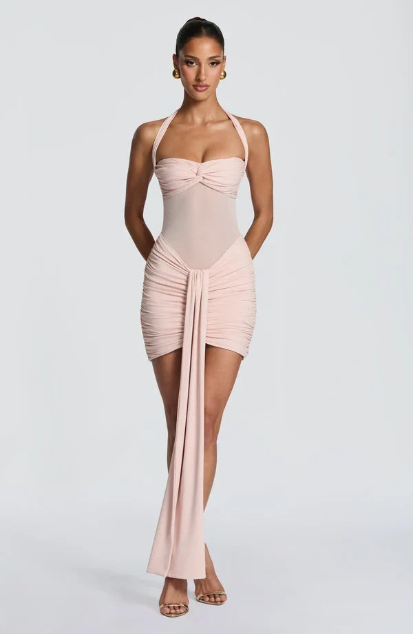 Black halter mesh homecoming mini dress with ruched skirt and long front drape - view 11
