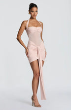 Black halter mesh homecoming mini dress with ruched skirt and long front drape - view 12