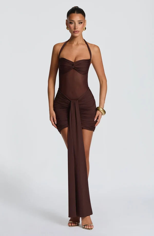 Black halter mesh homecoming mini dress with ruched skirt and long front drape - view 15