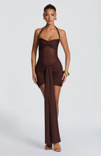 Black halter mesh homecoming mini dress with ruched skirt and long front drape - view 15