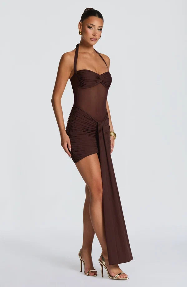 Black halter mesh homecoming mini dress with ruched skirt and long front drape - view 16