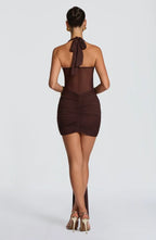 Black halter mesh homecoming mini dress with ruched skirt and long front drape - view 17