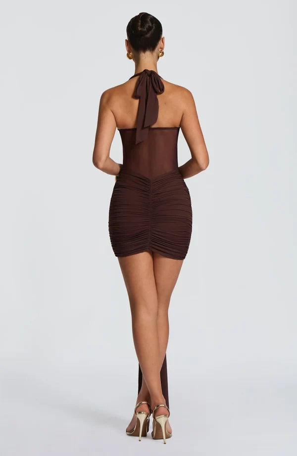 Black halter mesh homecoming mini dress with ruched skirt and long front drape - view 17
