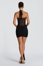 Black halter mesh homecoming mini dress with ruched skirt and long front drape - view 3