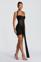 Black halter mesh homecoming mini dress with ruched skirt and long front drape - view 8