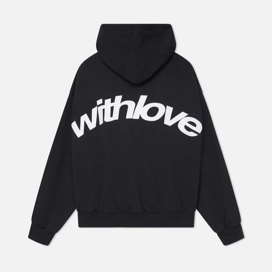 Oversized pullover hoodie with large curved back graphic print and ribbed cuffs