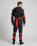 Men's black ninja Halloween costume with hood, red wrap trim, red sash and red leg wraps - view 3