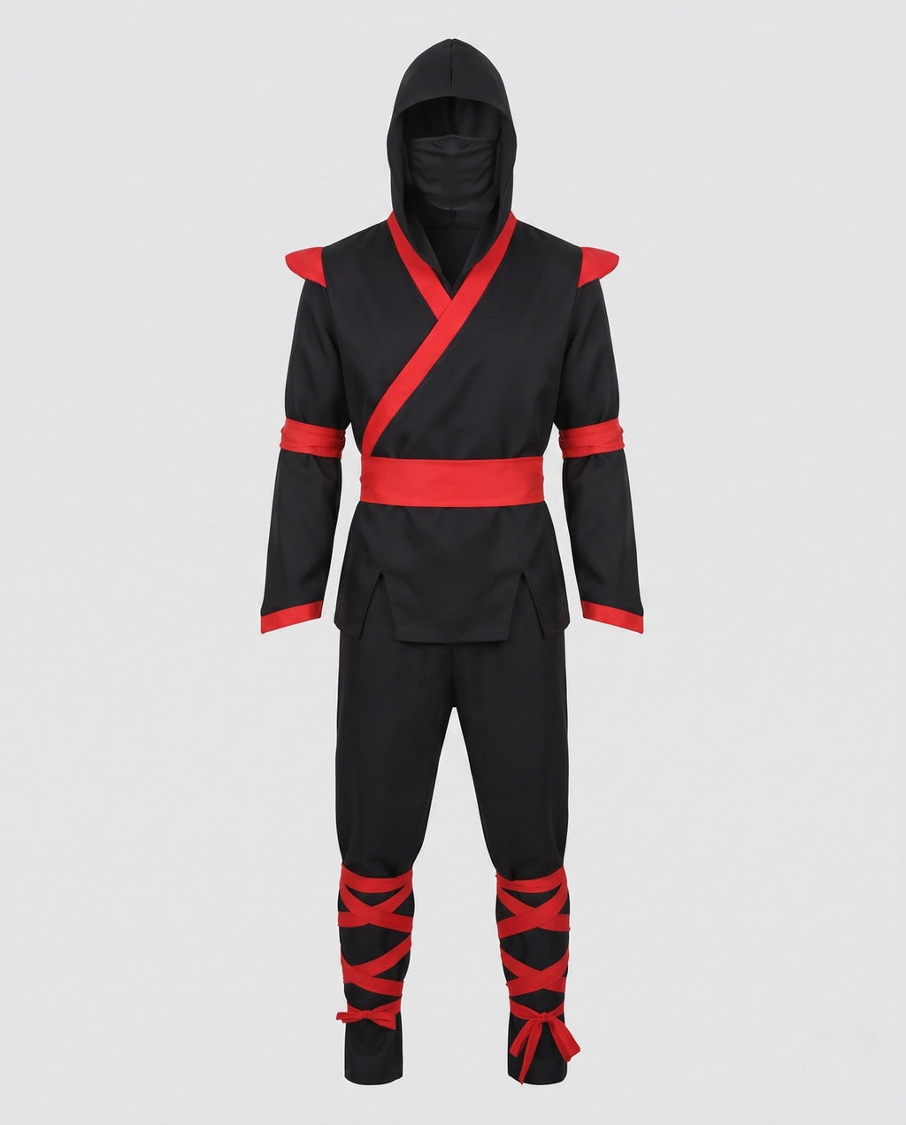 Men's black ninja Halloween costume with hood, red wrap trim, red sash and red leg wraps - view 4