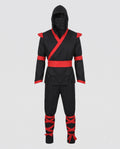Men's black ninja Halloween costume with hood, red wrap trim, red sash and red leg wraps - view 4