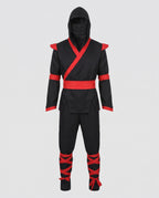 Men's black ninja Halloween costume with hood, red wrap trim, red sash and red leg wraps - view 4