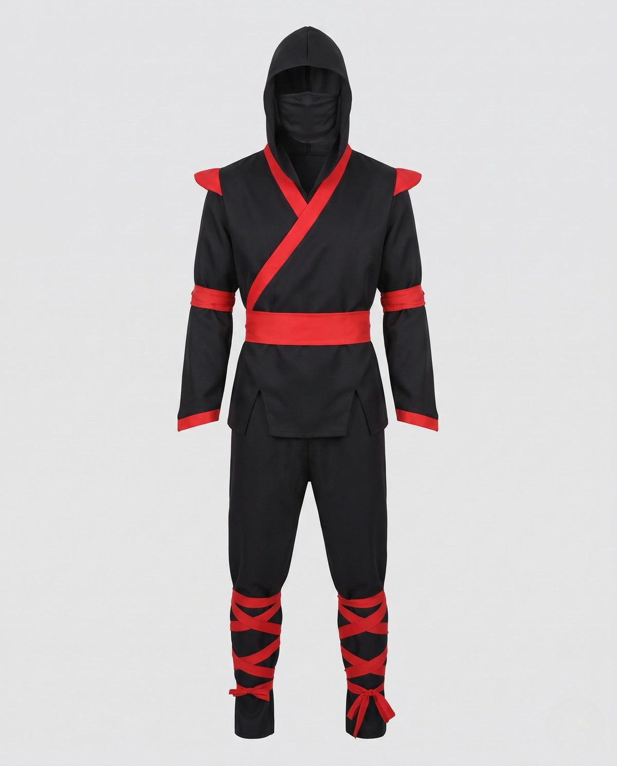 Men's black ninja Halloween costume with hood, red wrap trim, red sash and red leg wraps - view 4