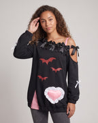 Black cold-shoulder Halloween sweatshirt with satin bows, red bat prints and pink ruffled heart - view 2
