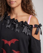 Black cold-shoulder Halloween sweatshirt with satin bows, red bat prints and pink ruffled heart - view 3