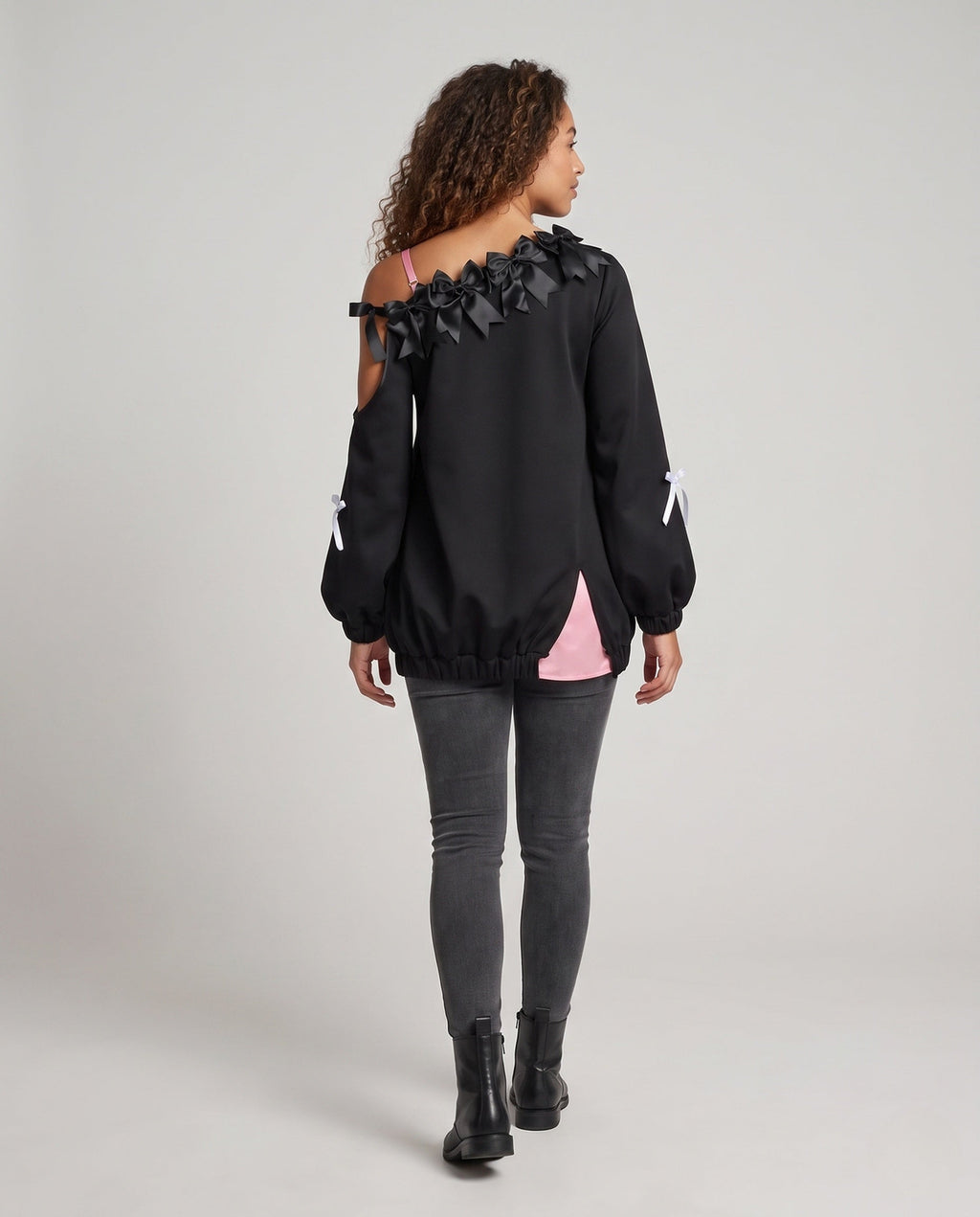 Black cold-shoulder Halloween sweatshirt with satin bows, red bat prints and pink ruffled heart - view 4