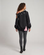 Black cold-shoulder Halloween sweatshirt with satin bows, red bat prints and pink ruffled heart - view 4