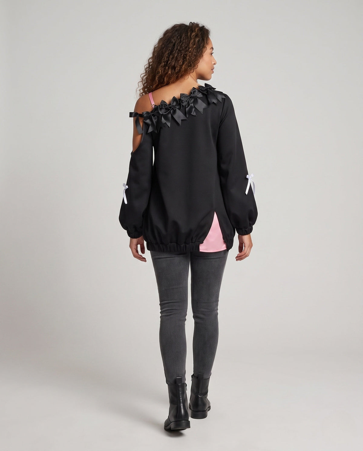Black cold-shoulder Halloween sweatshirt with satin bows, red bat prints and pink ruffled heart - view 4
