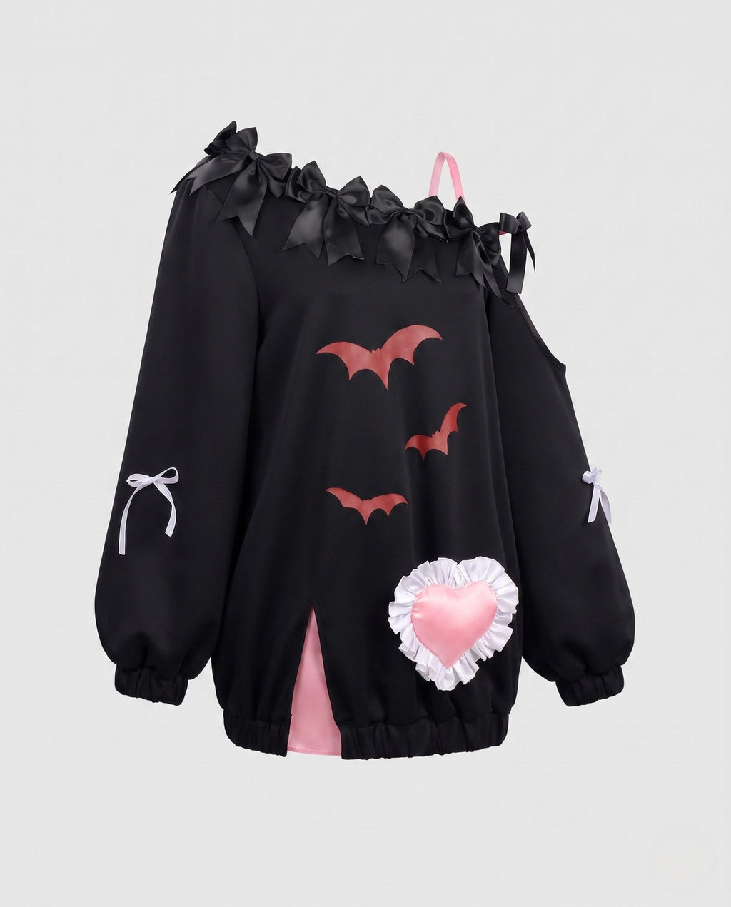 Black cold-shoulder Halloween sweatshirt with satin bows, red bat prints and pink ruffled heart - view 5