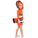 Women's orange clownfish Halloween costume mini dress with hood, white stripes and tail fin - view 3