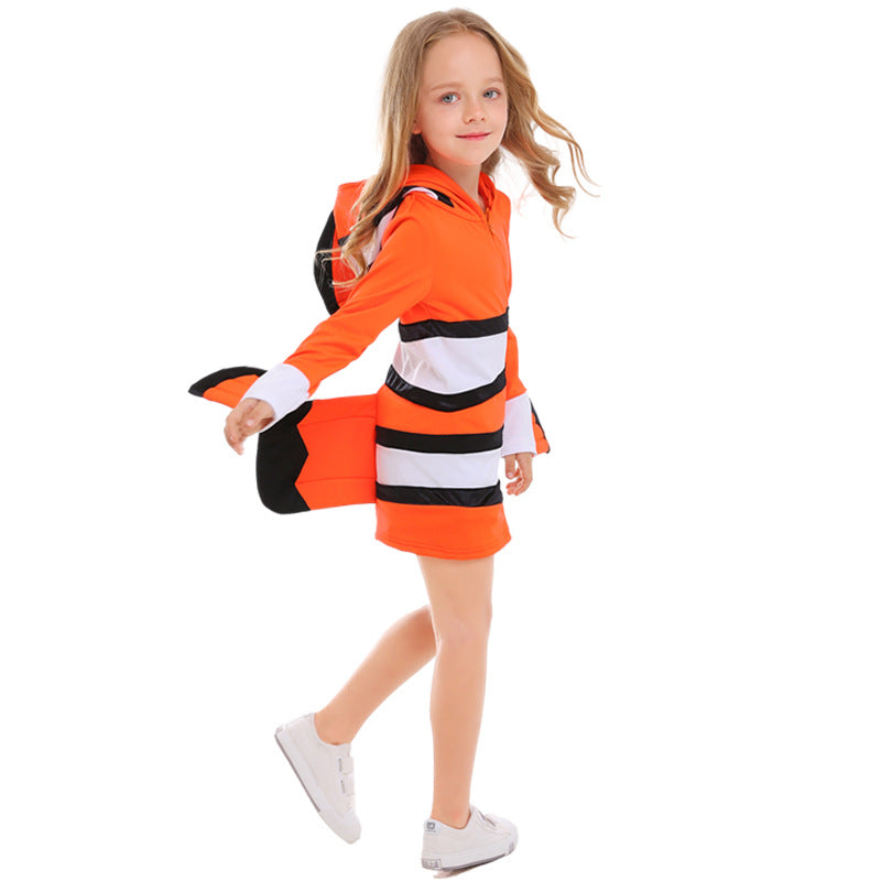 Women's orange clownfish Halloween costume mini dress with hood, white stripes and tail fin - view 4