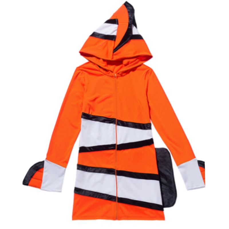Women's orange clownfish Halloween costume mini dress with hood, white stripes and tail fin - view 5