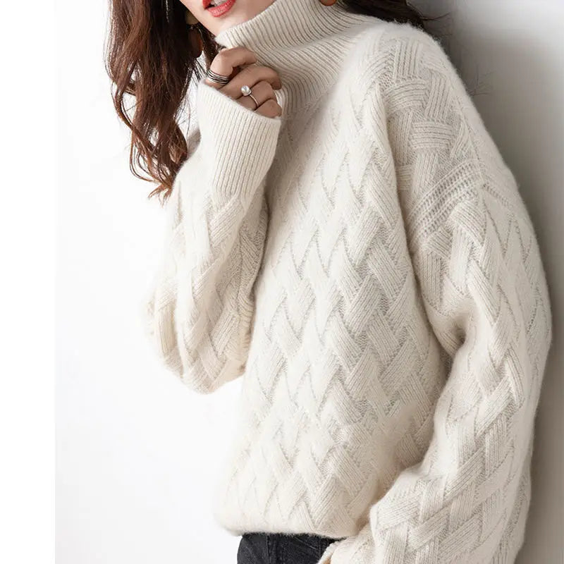 Women's lattice knit turtleneck sweater with ribbed high neck and relaxed fit