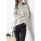 Women's lattice knit turtleneck sweater with ribbed high neck and relaxed fit - view 2