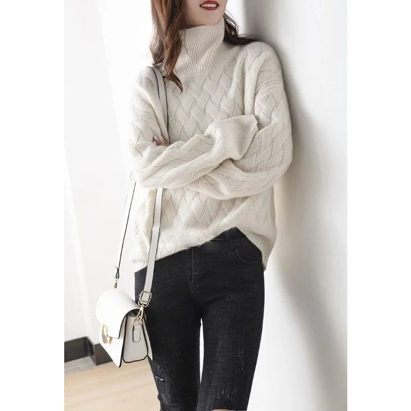 Women's lattice knit turtleneck sweater with ribbed high neck and relaxed fit - view 2