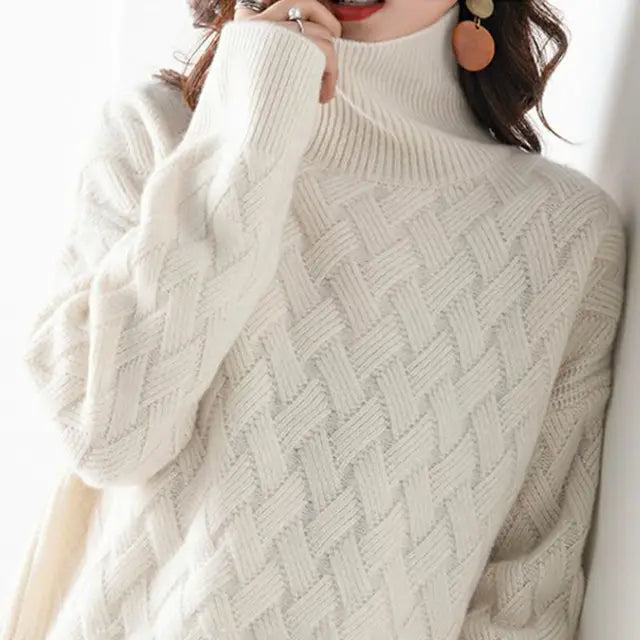 Women's lattice knit turtleneck sweater with ribbed high neck and relaxed fit - view 3