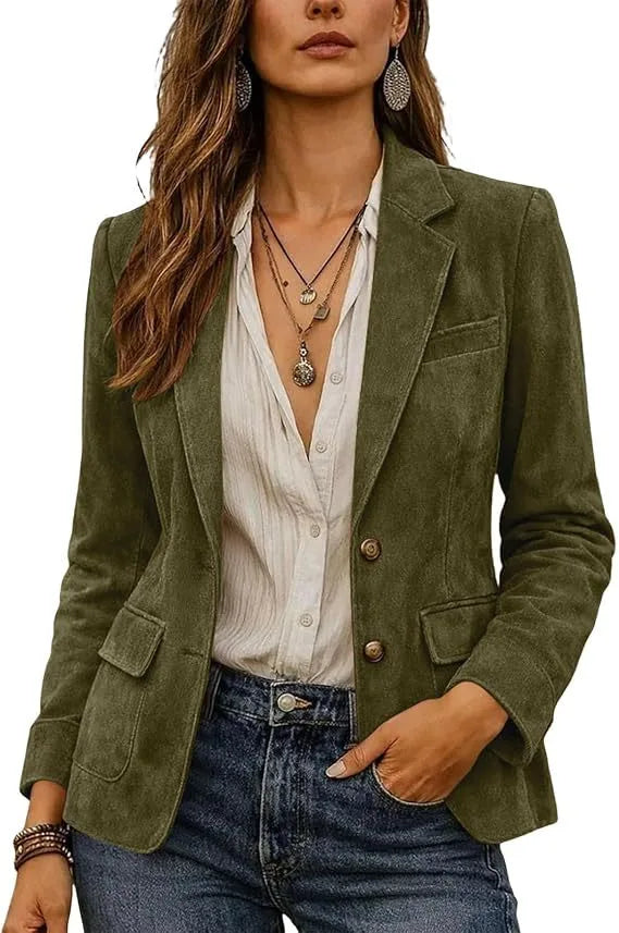 Women's fitted suede blazer with notch lapel and two-button front worn with jeans - view 2