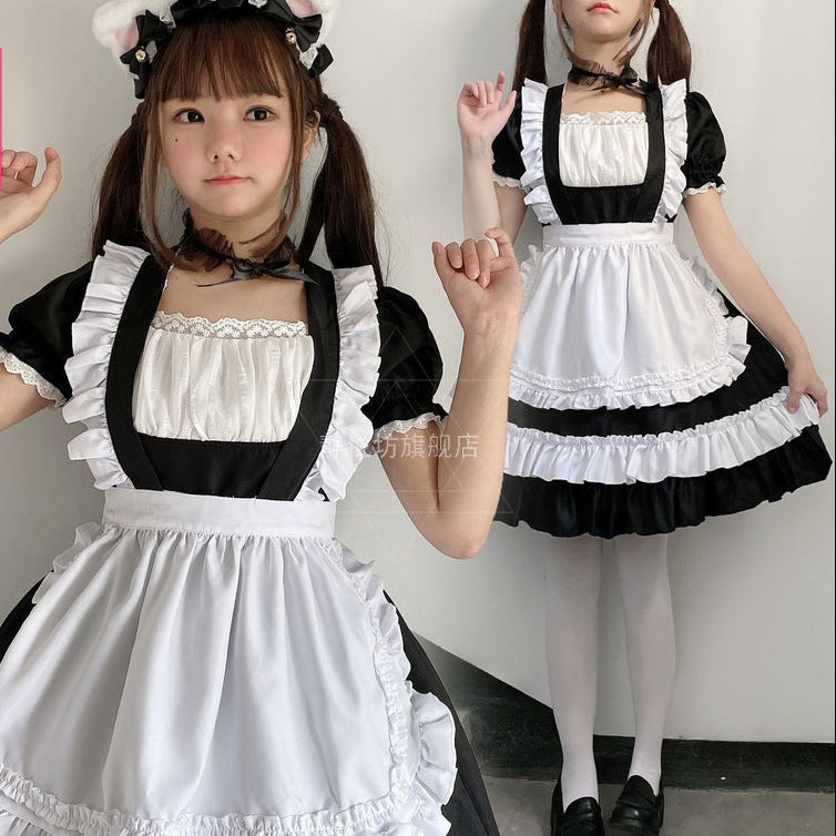 Women's black and white maid Halloween costume dress with ruffled apron
