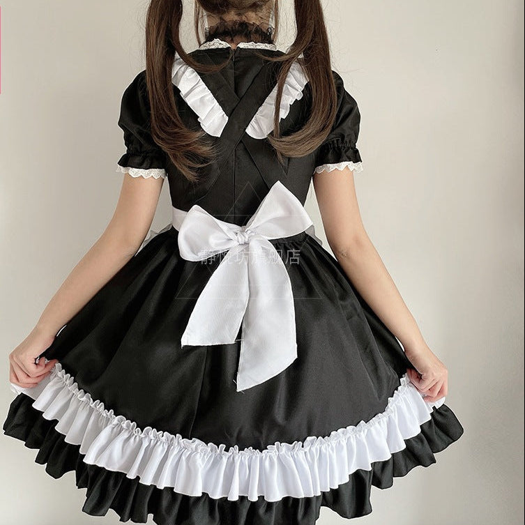 Women's black and white maid Halloween costume dress with ruffled apron - view 2