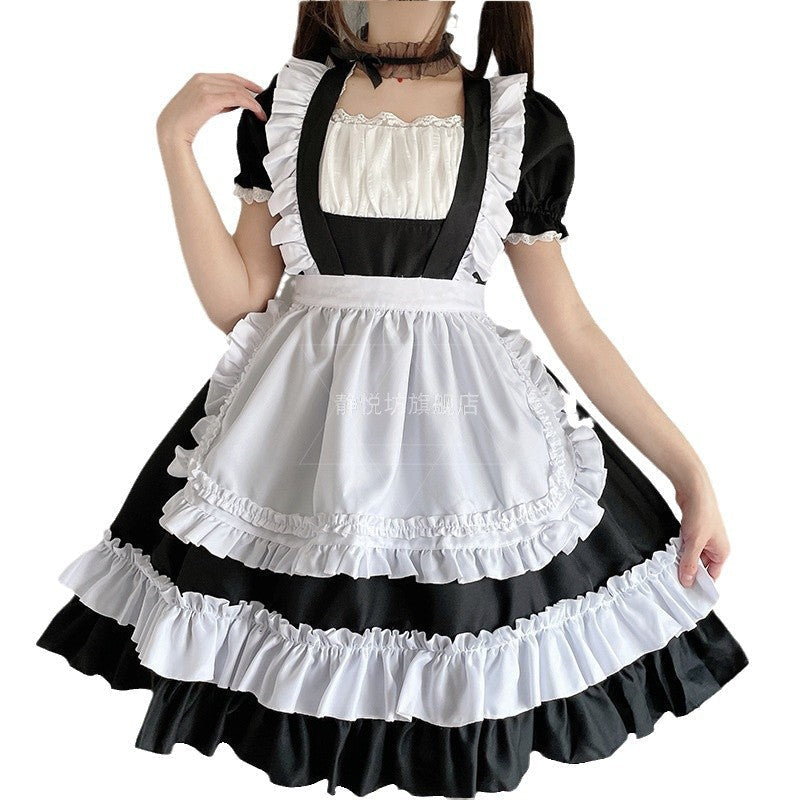 Women's black and white maid Halloween costume dress with ruffled apron - view 3