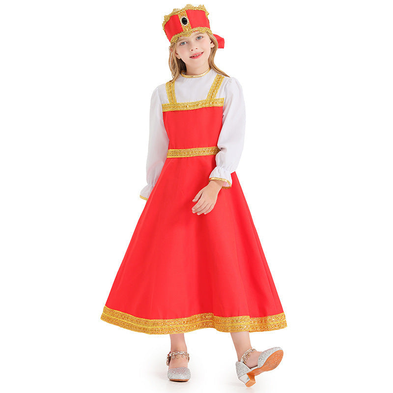 Girls red fairytale Halloween costume dress with gold trim, white ruffled sleeves and matching bow headpiece
