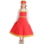 Girls red fairytale Halloween costume dress with gold trim, white ruffled sleeves and matching bow headpiece - view 2