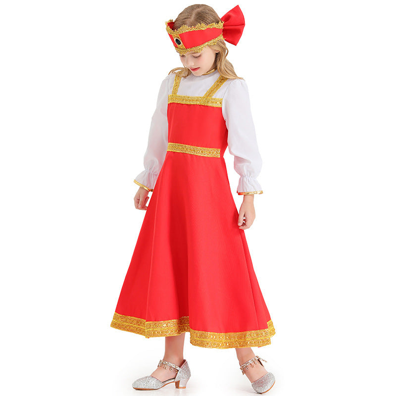 Girls red fairytale Halloween costume dress with gold trim, white ruffled sleeves and matching bow headpiece - view 3