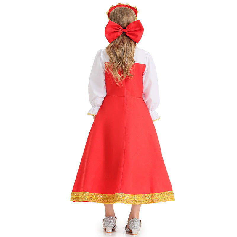 Girls red fairytale Halloween costume dress with gold trim, white ruffled sleeves and matching bow headpiece - view 4