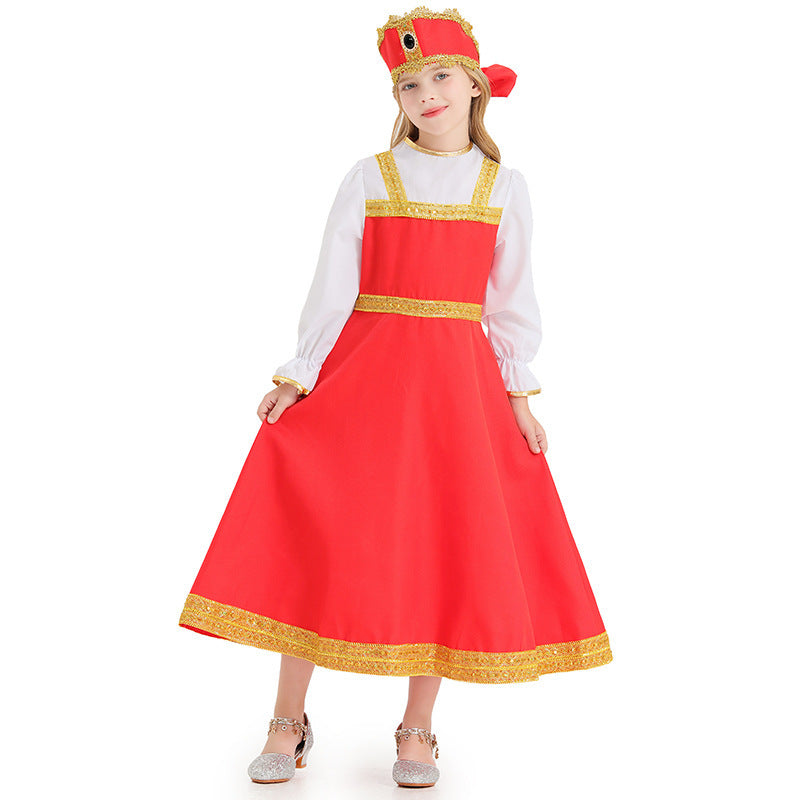 Girls red fairytale Halloween costume dress with gold trim, white ruffled sleeves and matching bow headpiece - view 5
