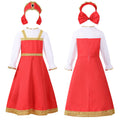 Girls red fairytale Halloween costume dress with gold trim, white ruffled sleeves and matching bow headpiece - view 6