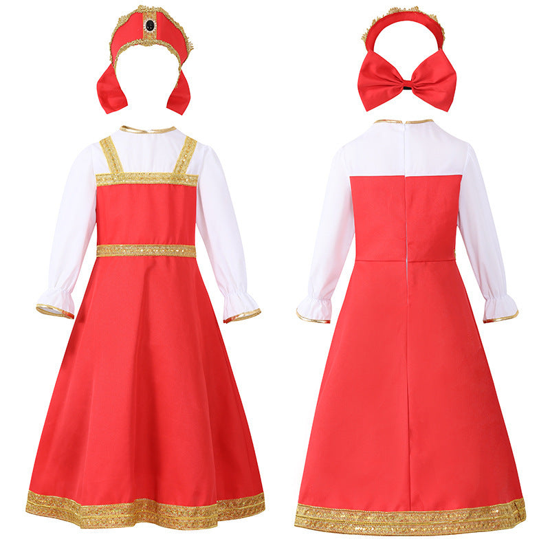 Girls red fairytale Halloween costume dress with gold trim, white ruffled sleeves and matching bow headpiece - view 6